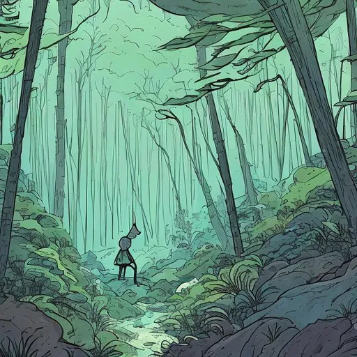 Prompt: muted arth tones,  color, cartoon, ghost hiking in the forest