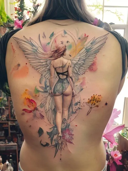 Prompt: Figure model, wings, inside a circle, background full of botanical flowers, tattoo, watercolor