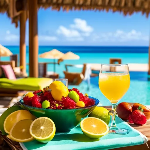 Prompt: "Generate an image of a scene at a tropical beach resort. The table should prominently feature a glass of exceptionally refreshing and sparkling lime juice with a vivid green color, made from bright green Tahiti lemons with ice cubes. Place the plate of beautifully presented breaded shrimp separately. Make the glass serving dish filled with a vibrant, diverse, and inviting tropical fruit salad the focal point of the scene, ensuring the fruits are exceptionally colorful, varied, and radiating freshness and vibrancy. The atmosphere should exude the essence of a beachside summer vacation."" ultra hd, realistic, vivid colors, highly detailed, UHD drawing, pen and ink, perfect composition, beautiful detailed intricate insanely detailed octane render trending on artstation, 8k artistic photography, photorealistic concept art, soft natural volumetric cinematic perfect light"

