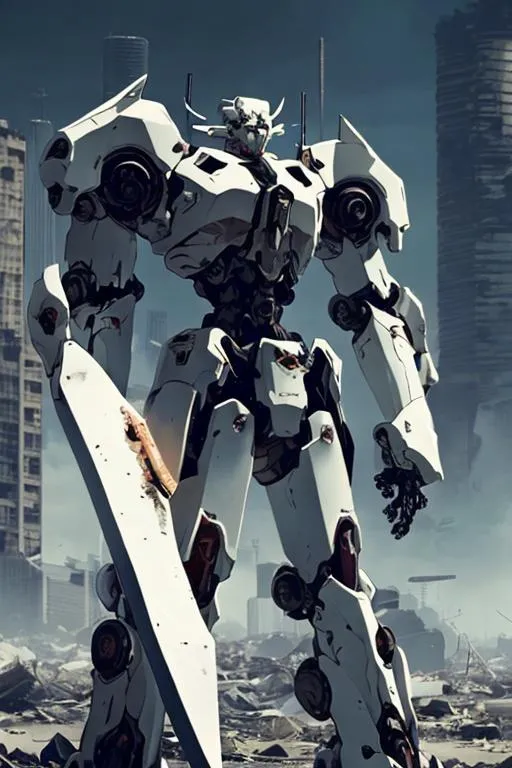 Prompt: A white mecha with sleek but complex armour design holding a long sword and floating weapons surrounding it with a ruined city as background