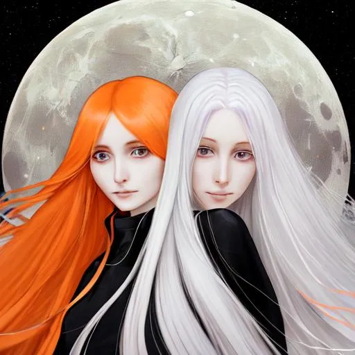 Prompt: two women long white hair and long orange hair moon