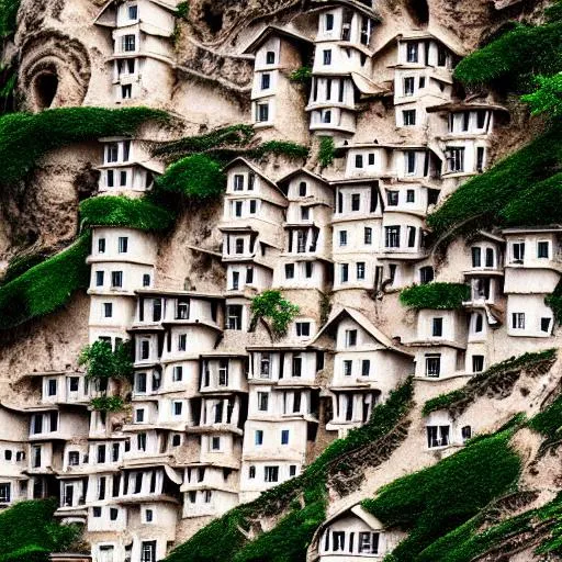 Prompt: 100mm photo of a village of houses built on a cliff face, surreal {salvidor Dali}, intricate, high detail, behance, microworlds smooth, macro sharp focus, centered