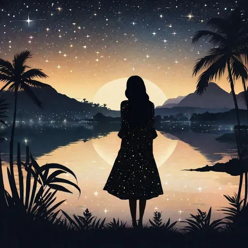 Prompt: silhouette, light particles, pretty young Indonesian girl (25 year old, round face, high cheekbones, small delicate nose, long black hair), wearing long blouse, in shadow, background night sky with stars, rural tropical scene, mountains, masterpiece, intricate details