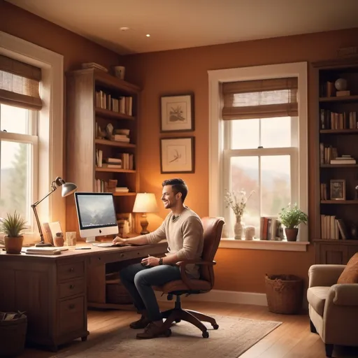 Prompt: young joyful guy in his 30s, cozy home office environment, (warm colors), tranquil and serene atmosphere, inviting furniture, artistic decor elements, soft lighting, (high resolution) 2000x1000 pixels panoramic view, harmonious composition, serene color palette, natural light streaming through the window, detailed textures, ultra-detailed craftsmanship.