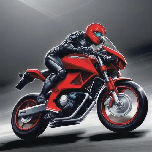 Prompt: Futuristic robot, agile, dangerous, red, realistic, exposed mechanics, strong, full body picture, riding motorcycle, in action, skidding