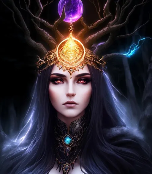 Prompt: Brooding, tense, foreboding 3D HD dramatic cinematic lighting [({beautiful}Female as a mysterious {Ancient}Sorceress)], expansive magical forest background, sunset hyper realistic, 8K --s98500