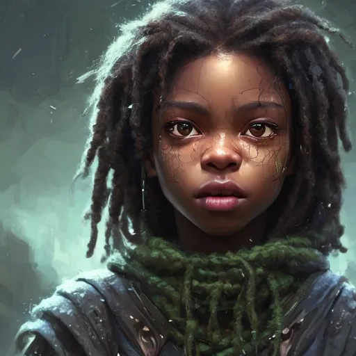Prompt: photorealistic Closeup face portrait of a nigerian warrier princess  dark black hair in dreadlocks under a hooded top and green eyes smooth soft skin, with few scars small shallow eyes, beautiful intricate colored hair, symmetrical, snowing, soft lighting, detailed face, by makoto shinkai, stanley artgerm lau, wlop, rossdraws, concept art, digital painting, looking into camera