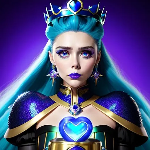 Prompt: Elizabeth Olsen with ultradetailed large shiny blue lips, Blinding Heart Earrings, Blue Xtra Large Metal Ball Gown, Rainbow Sugar Gloves with Purple Fur, Glowing Blue eyes, Artisans Cut Gleaming Ice Cream Tiara. Pristine Green hair, confident facial expression, Full eyebrows with blue tint, Crocodile necklace, Wintry Aura, Black Armor Plated Shoulders, Cake Covered gold wand, Sharp Nails, Auroras in eye of hurricane. Blue Moon. High resolution, Realistic, Cold color scheme, high radiance.