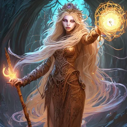 Prompt: Full body splash art of a youthful very pretty sweet female undead sorceress casting a spell, very long honey-colored hair with a fringe, wearing long light-colored iridescent robes, carrying a wooden staff, heroic, cute, brave, D&D, fantasy, intricate, highly detailed, sharp focus, digital painting, oil painting, master piece, artstation, concept art, 4k, 8k