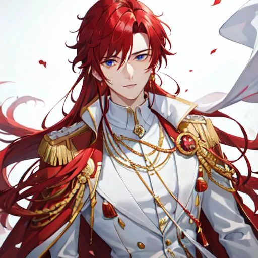 Prompt: Zerif 1male (Red side-swept hair covering his right eye) wearing a royal suit, white shawl, 