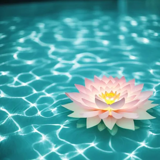 Prompt: laser lotus flower floating in an aqua pool