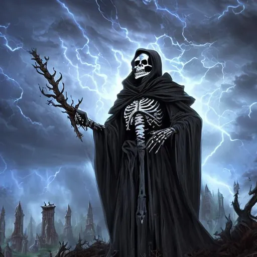 Prompt: A Skeleton sorcerer in black robes casts a massive magic spell from the sky called “fallen down” that breaks the ominous storm clouds above blasting away vegetation, wildlife, and civilization.