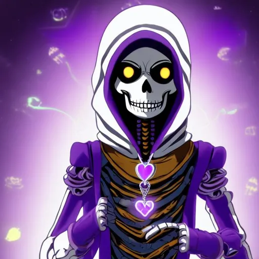 Prompt: A slim 5'9 skeleton with glowing white eyes and wearing a purple and green hoodie with a gold heart locket pendent and black fingerless gloves smiling animated undertale