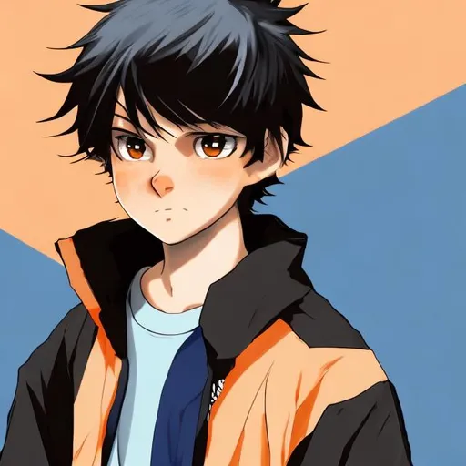 Prompt: Anime style. A 12 year old boy. Jet black hair in a taper cut.  Blue eyes eyes, nonchalant expression. Wears a black shirt and grey bomber jacket. The background is soft orange.