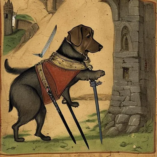 Prompt: A dog holding a sword in the middle ages
