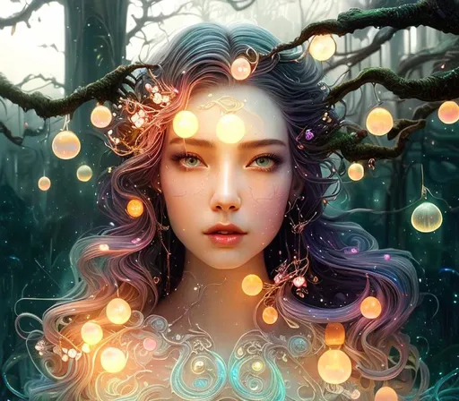 Prompt: harmonious, elegant, woman, aura, soul, Heavenly fantasy celestial bioluminescent prismatic opaline crystal lightning tree, Illustration, Beautiful, Detailed, Intricate, Painting, Vibrant, Design, Landscape, Cinematic, Photorealistic, 4k, 8k, World, Forest, Artstation, Wlop, Melancholic, Cyberpunk, Magical, SunsetCloseup face portrait of a {person}, smooth soft skin, big dreamy eyes, beautiful intricate colored hair, symmetrical, anime wide eyes, concept art, digital painting, looking into camera 