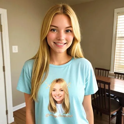 Prompt: "Create an image of a charming blonde girl wearing a comfortable T-shirt, standing in the cozy environment of her home. She looks directly into the camera with a warm, genuine smile on her face. The soft, warm lighting of her home accentuates the feeling of comfort and happiness. The image should capture a sense of relaxation and contentment within the familiar surroundings of her home."