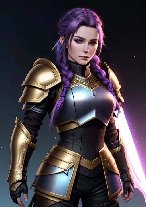 Prompt: Digital art, bright colors, 20-year-old woman viking, dark purple hair, one braid, light blue eyes, cut over left eye to on cheek bone, black gear, gold armor, unreal engine 8k octane, 3d lighting, full body, full armor