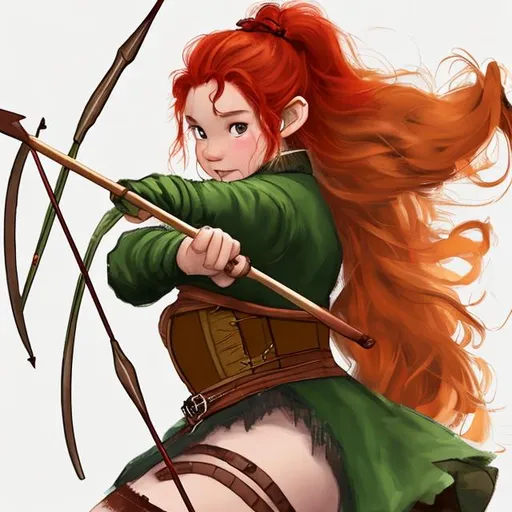 Prompt: red head with a messy ponytail. hobbit. she has a green cloak. she uses a bow and arrow. she wears a belted corset. she has a round face and thick thighs.