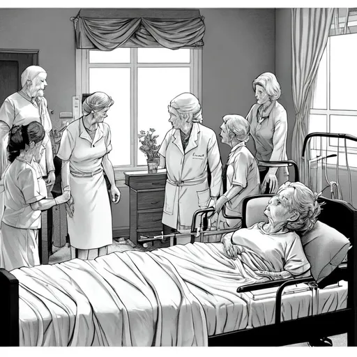 Prompt: Elderly lady dies in hospital bed, as family surrounds. Nurse coming in room. in the year 2005
 Ink drawing, bible style, Grayscale,
Higher detail, fine line drawing style. 4k, refined,
Upscale three more times.

