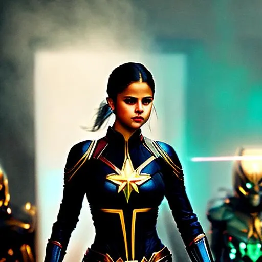 Prompt:  Selena Gomez as a super villain wearing Captain Marvel's black suit made out of armor ::0.5, cinematic, electrifying art, luminism, evil, dark nautical, cyberpunk