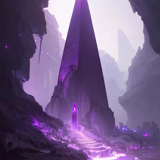 Prompt: cavern, dark lighting, Giant purple obelisk, crystal, fantasy, greg rutkowski, trending on artstation by makoto shinkai, stanley artgerm lau, wlop, rossdraws, concept art, digital painting