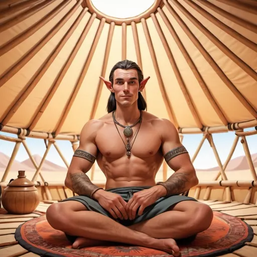 Prompt: fantasy man with pointed ears relaxing in a yurt cartoon