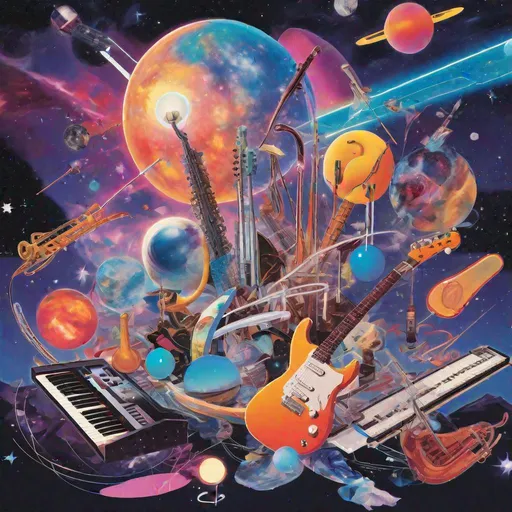 Prompt: An album cover featuring a surreal collage of musical instruments floating in space. At the center is a vibrantly colored electric guitar hovering over a crystal planet. Surrounding it are a theremin, saxophone, synthesizers, and other instruments glowing against a starry nebula backdrop. Warm spotlights illuminate each object in a dramatic fashion. By James Jean in a retro vaporwave style. ((Nebula background)) ((Glowing instruments))