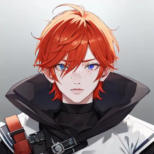 Prompt: Erikku male (short ginger hair, freckles, right eye blue left eye purple) UHD, 8K, Highly detailed, insane detail, best quality, high quality, as a criminal 