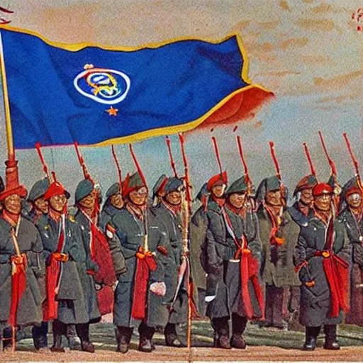 Prompt: Mongolian world war leader choibalsan holding mongolian flag with old style