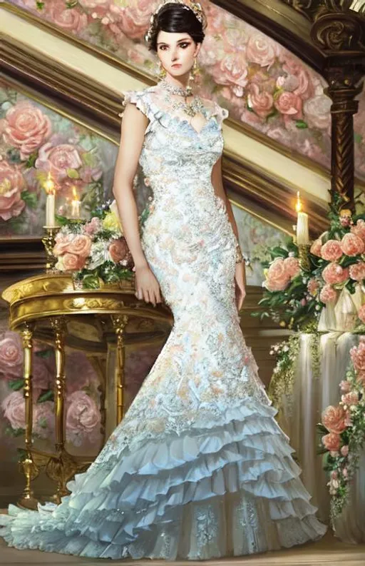 Prompt: Cream with rose, peach, blush, floral, High Fashion.  Fine fancy opulent  dressed lady.   Dress with flowing, rich, folds, ruffles of fabric. Taffeta, chiffon, silk.  highly detailed oil painting,elegant lady,  beauty and perfect airbrush art, flawless skin, woman portrait,  beauty, realistic, beautiful hair, tom bagshaw style face by Anna dittmann, gil elvgren , artgerm, catrin welz-stein, Viktoria Gavrilenko. Best quality 