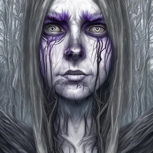 Prompt: a tall noble with long white hairs, dark purple robe in a gloomy forest, scars, evil smile, terrifying, highly detailed, digital art, ambient light, dark atmosphere, detailed linework, hyperrealistic