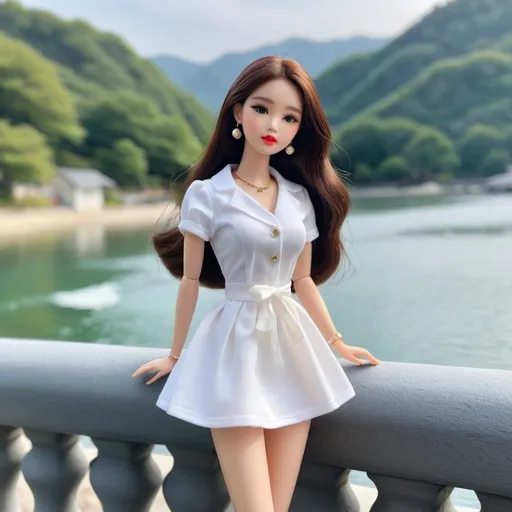 Prompt: A korean barbie doll (looks like wonyoung) with white casual dress, scenery, Instagram style, photography, slim waist