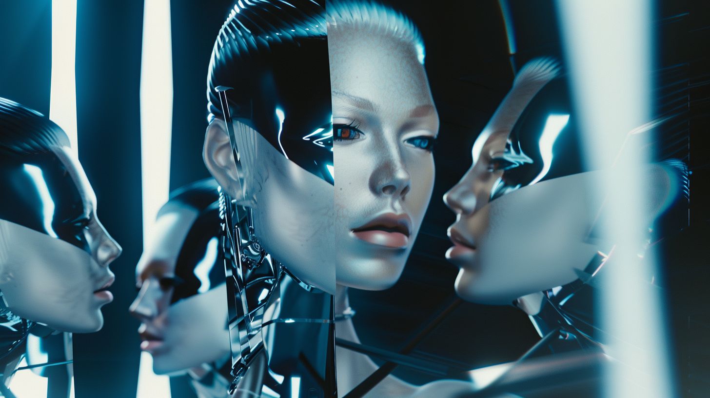 Prompt: 3 different viewpoint of same futuristic supermodel