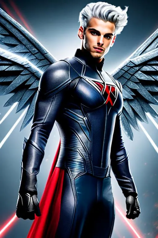 Prompt: High-resolution hyperrealistic photo of x-man quicksilver merged with x-man archangel, silver and red costume, uhd, hdr, 64k