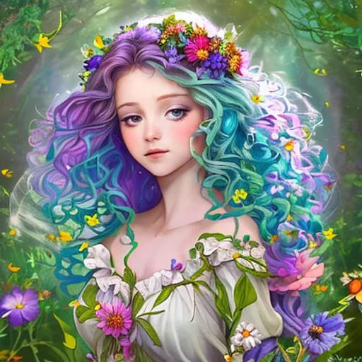 Prompt: a youngfairy goddess of spring, very curlsy hair ,wildflowers, vivid colors, closeup
