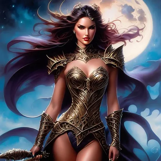 Prompt: beautiful fiary princess warrior dark armor eiza gonzalez fantasy painting julie bell splash art j. scott campbell