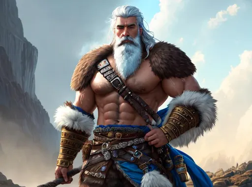 Prompt: oil painting, fantasy, male, barbarian, perfect rugged face with white hair and beard, and with sad vibrant blue eyes |  brown bear fur in his shoulder #3238, UHD, hd , 8k eyes, detailed face, 8k eyes, intricate details, insanely detailed, masterpiece, cinematic lighting, 8k, complementary colors, golden ratio, octane render, volumetric lighting, unreal 5, artwork, concept art, an adult male white hair barbarian with a bear hood, digital art, character art portrait, matte fantasy painting, deviantart artstation, by jason felix by steve argyle by tyler jacobson by peter mohrbacher, cinematic lighting, smooth, sharp focus, hd wallpaper, cinematic