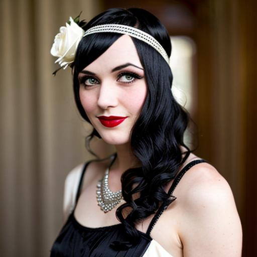 1920s Flapper with a white rose and black hair head... | OpenArt