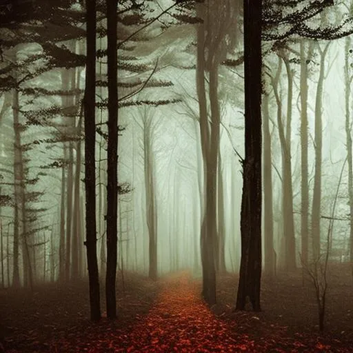 Prompt: Dark Forest. Thick with trees. trapped. Stephen King. Creepy. Horror.