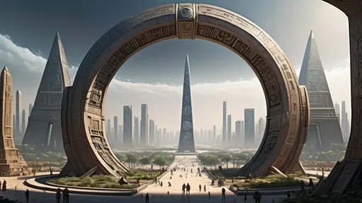 Prompt: human-scale circular portal, gateway between cities realms worlds kingdoms, ring standing on edge, freestanding ring, hieroglyphs on ring, complete ring, obelisks, pyramids, futuristic towers, garden plaza, large wide-open city plaza, wide vista view, three-quarters view, futuristic cyberpunk dystopian setting