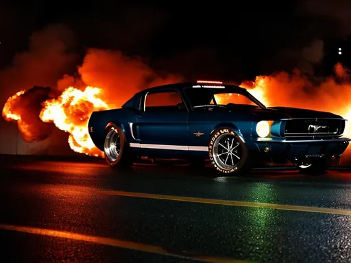 Prompt: intimidating mustang doing flaming burnout on a dark night on wet streets


