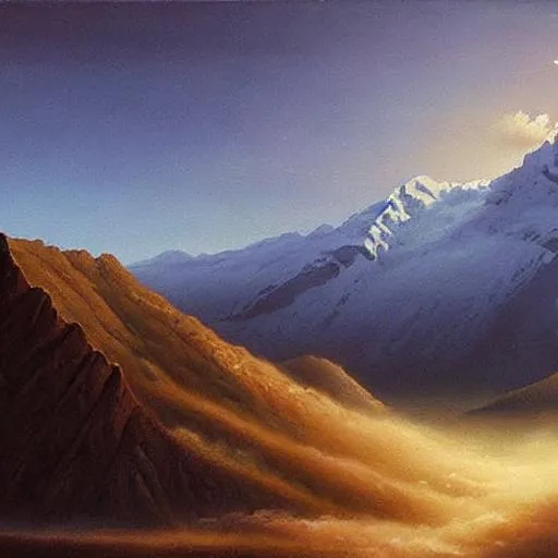 Prompt: a beautiful painting, of the andean high snowy mountain, a small incan altar sits on it, beautiful sunset sky, art by christophe vacher