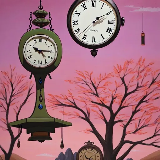 The painting depicts several soft clocks hanging fro... OpenArt