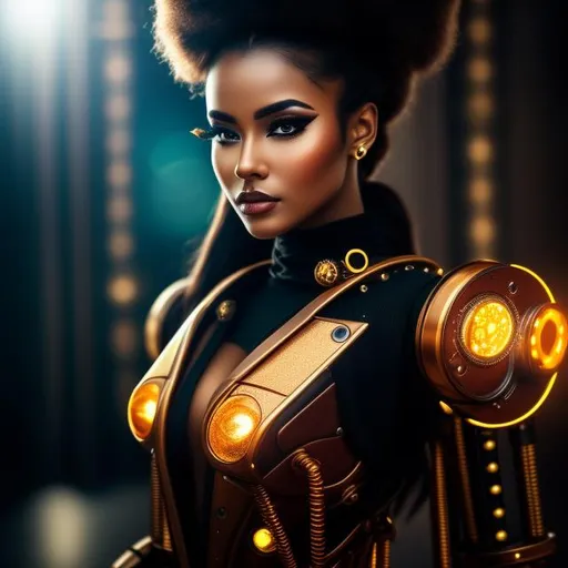 Prompt: Please produce a photograph of a steampunk robotic beautiful female android, brown skin, with fantasy colors, flashy lights, in a dark background, high quality, trending art, trending on artstation, sharp focus, studio photo, intricate details, highly detailed, UHD, HDR, 8K, ((Masterpiece))