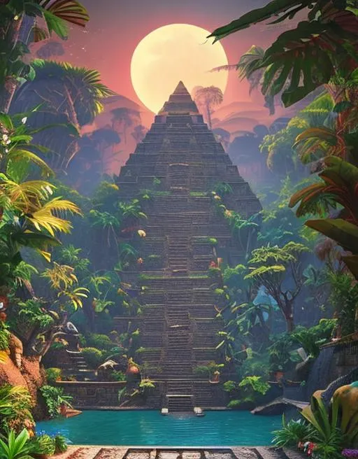 Prompt: A small hidden Aztec pyramid in a tropical valley, cannabis plants, river, a sunset, giant trees, oasis & waterfall, + dreamy natural colors, painting by michealangelo, dreamy colors, intricate details + diffused light + fantasy + surrealistic + ultra realistic + unreal engine
