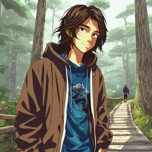 Prompt: Anime illustration of a 30-year-old skateboarder with long brown hair, walking a forest trail, detailed facial features, vibrant colors, high quality, anime, detailed hair, realistic forest setting, serene lighting, black hoodie