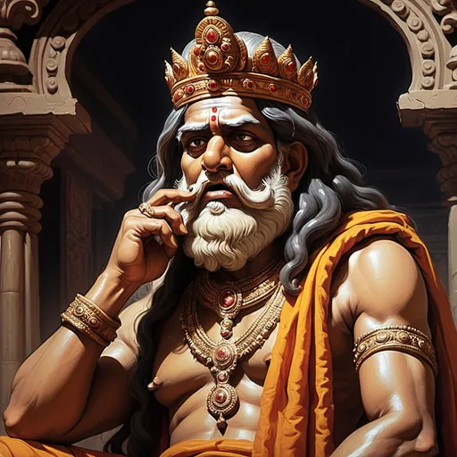 Prompt: Old Indian king dhritarashtra from mahabharata sitting and saying mouth opened