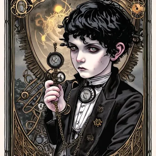 Prompt: white little goth boy with black hair wearing a steam punk manica on a Tarot card called the Page of ravens

