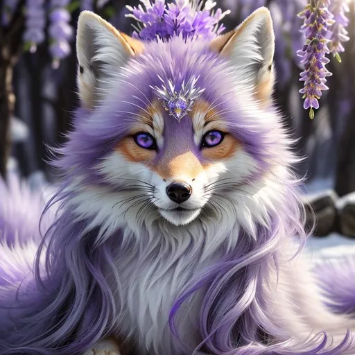 Prompt: (Best quality:1.5, highly detailed, professional oil painting, epic digital art, masterpiece) Highly detailed portrait of a beautiful wise silvery-lavender ((fox)), (quadruped), gleaming {amethyst eyes}, sharp 8k eyes, thick extravagant lavender fur covered in frost, extravagant bushy tails, voluminous frosted mane, {purple mountain peaks}, (brilliant auroras), glistening (moonlight), pink twilight sky, UHD, HDR, studio quality, vibrant, cold colors, neon colors, vivid colors, full body focus, intricately detailed fur, beautifully detailed expressive eyes, intricately detailed face, highly detailed background, highly detailed mouth, vibrant, vivid colors, 64K, 3D, unreal engine, perfect composition, Yuino Chiri